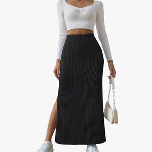 Black Ribbed Pencil Maxi Skirt with Slit